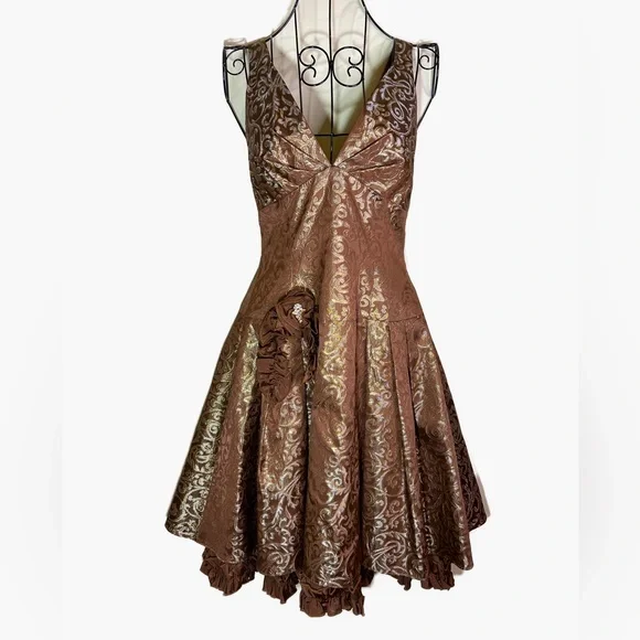 Jessica McClintock Gunne Sax Women’s Size 6 80s 90s Brown Gold Rhinestone Dress - Picture 1 of 13